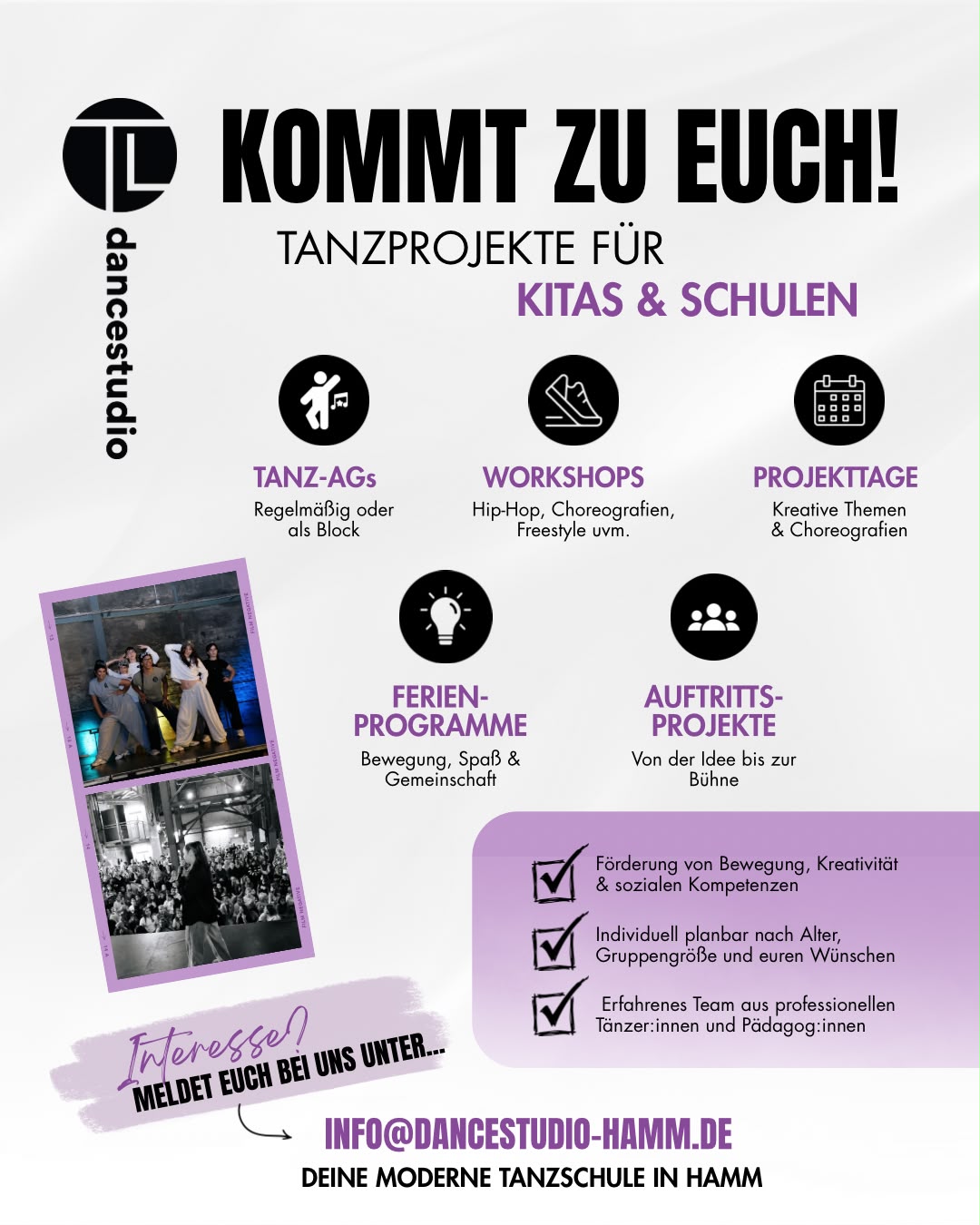 Tanzprojekte für Kitas und Schulen – Tanz-AGs, Workshops, Projekttage, Ferienprogramme und Auftrittsprojekte